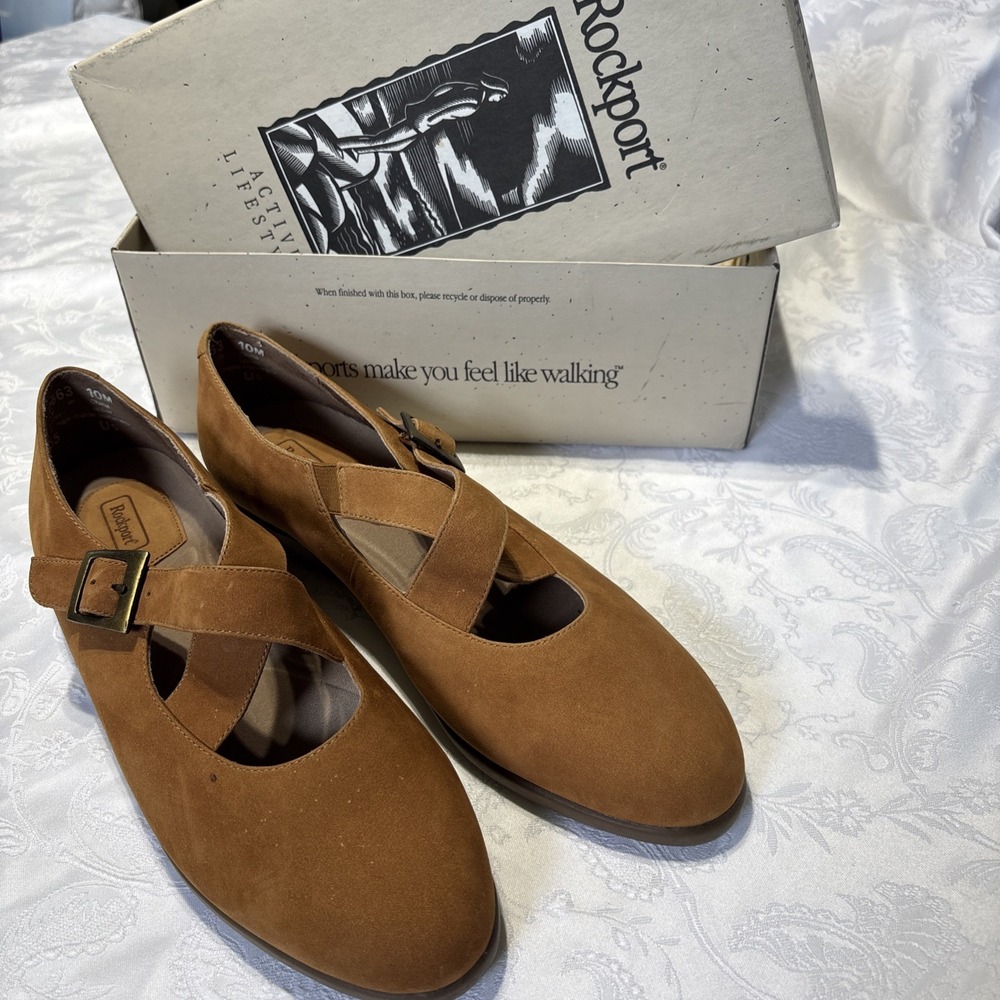 Rockport Mary Jane Women Size 10 Tan Nubuck Leather Comfort Flat Shoe W2663
